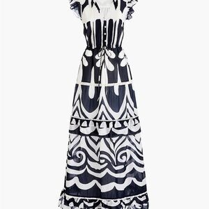 Jcrew Point Sur Navy and White Flutter sleeve Maxi Dress